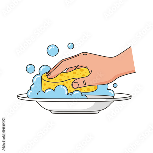 Hand washing a plate with a sponge and soap bubbles, cleaning dishes