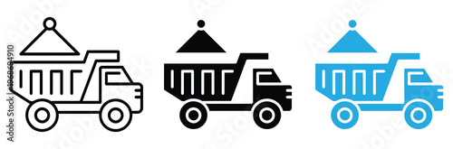 Set of Dump Truck Icons in Line, Silhouette, and Color Styles for Construction and Logistics Design