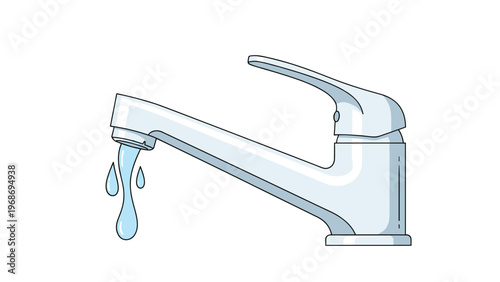 Modern silver water faucet with realistic water droplets falling from the spout, symbolizing water conservation and household plumbing.