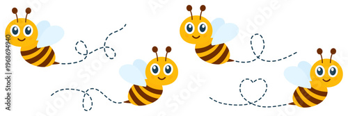 Happy flying bees with dotted path collection. Buzzing bumblebee following trail route. Vector illustration isolated on white.