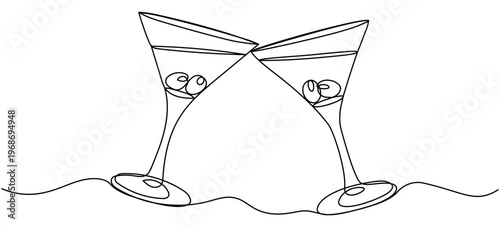 Continuous line drawing of two martini glasses with olives. Cocktail menu concept. Cheers symbol. Vector illustration isolated on white.