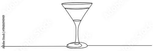 Continuous line drawing of elegant martini glass. Single outline sketch perfect for cocktail menu, bar design, or party celebration concepts. Vector illustration isolated on white.