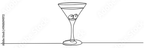 Continuous line drawing of martini glass with olives. Sketch perfect for cocktail menu. Party symbol. Vector illustration isolated on white.