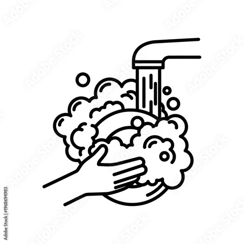 Hand washing dish under running water with soap bubbles, clean kitchen hygiene concept