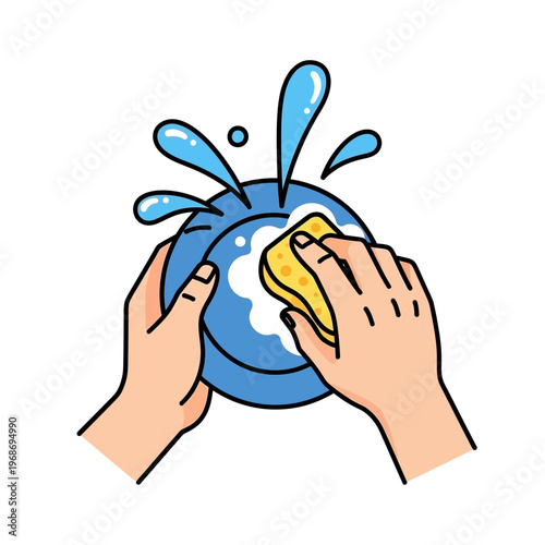 Hand washing blue plate with yellow sponge and water splashes, cartoon style illustration