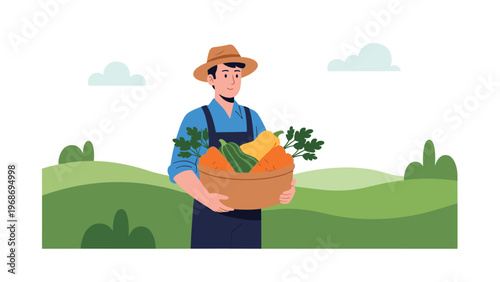 Happy farmer in a straw hat and blue shirt holding a wooden crate overflowing with fresh harvest vegetables in a green field setting.
