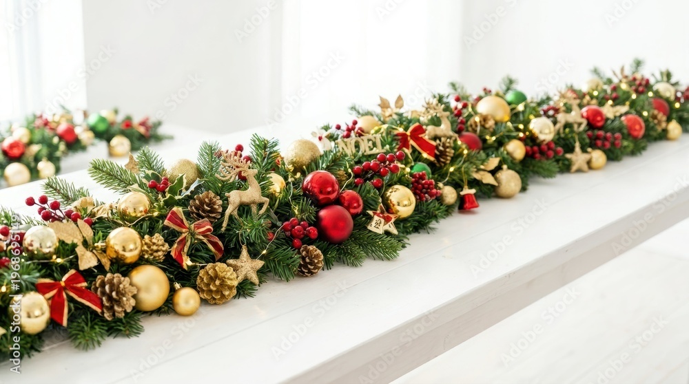Fototapeta premium Elegant Christmas garland with ornaments and lights on a white table