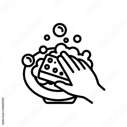 Hand washing dishes with sponge and bubbles, clean kitchen hygiene concept icon