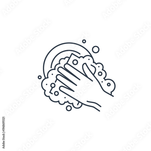 Hand washing dishes with sponge and soap bubbles, line art illustration