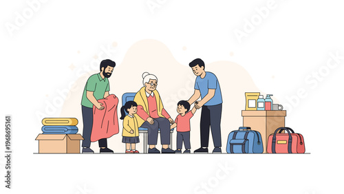 Compassionate group of people providing aid and support to an elderly woman and two small children, highlighting themes of community help.