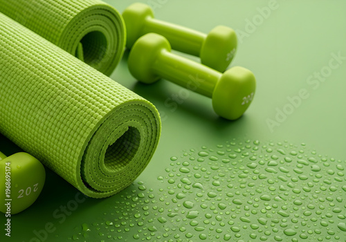 Vibrant green fitness essentials yoga mats and dumbbells with refreshing water droplets, symbolizing a healthy workout and active lifestyle