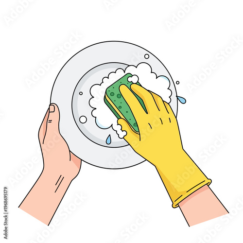 Hand Washing Dishes with Sponge and Soap Bubbles