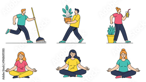 Collection of people engaged in positive daily habits like cleaning, gardening, and meditation to improve their physical and mental health.
