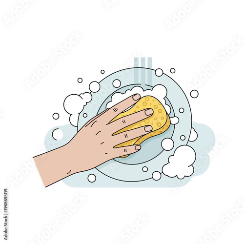 Hand washing dishes with sponge and soap suds, clean plate, household chores, kitchen cleaning