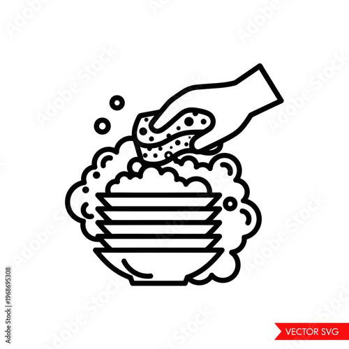 Hand washing stacked dishes with sponge and soap bubbles, line art icon