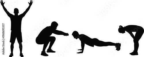 Fitness silhouette set featuring people doing pushups, squats, stretching, and celebrating for workout, exercise, gym, healthy lifestyle, and athletic training.
