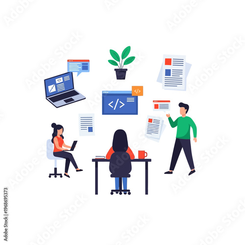 Diverse team collaborating on coding project with laptops and documents