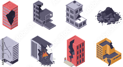 Isometric damaged buildings set, разрушенные здания, disaster scene, broken structures, earthquake damage, urban ruins, cracked walls, collapse illustration vector