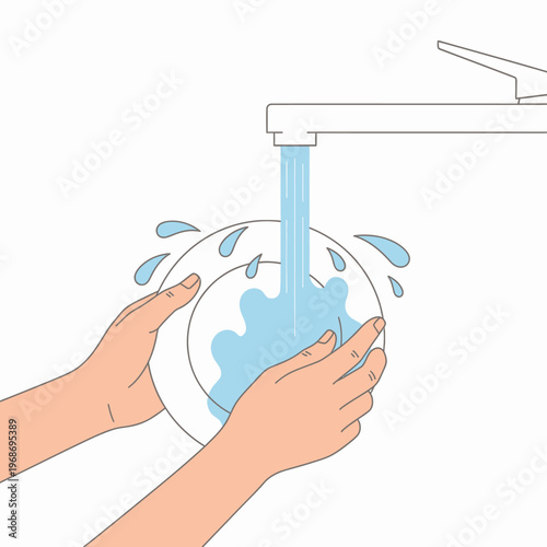 Hands washing a plate under running water from a faucet, domestic chore