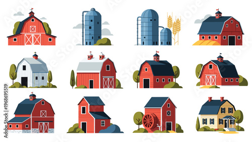Diverse collection of traditional and modern farm buildings, barns, and silos in various styles, ideal for agricultural design projects.