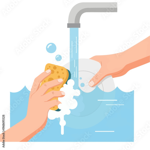 Hands washing dishes with sponge and soap under running water, cleaning household chores concept