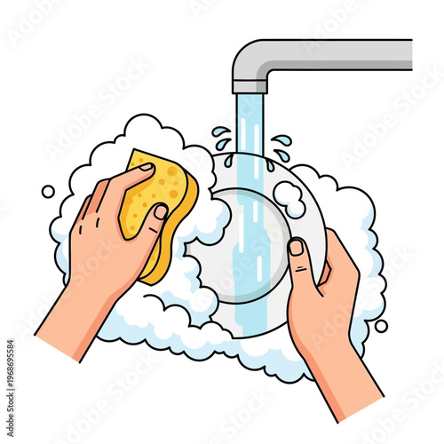 Hands washing dishes with sponge under running water in soapy water