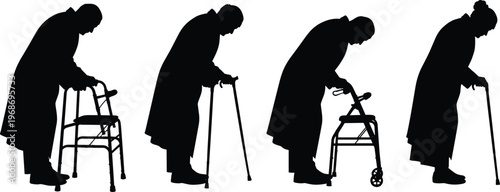 Elderly silhouette set featuring senior people using walkers and canes for mobility, geriatric healthcare, nursing home support, and aging disability.