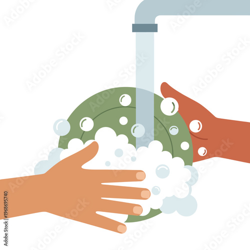 Washing Dishes: Hands cleaning plate under running water with soap bubbles, hygiene concept