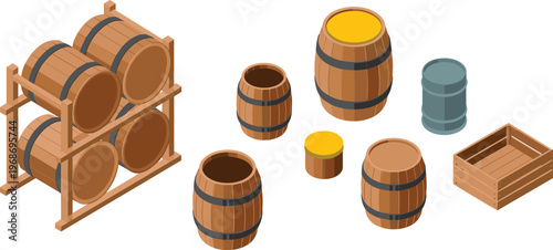 Isometric wooden barrels set, storage containers, wine and oil casks, warehouse equipment, rustic crates, industrial packaging, vector illustration