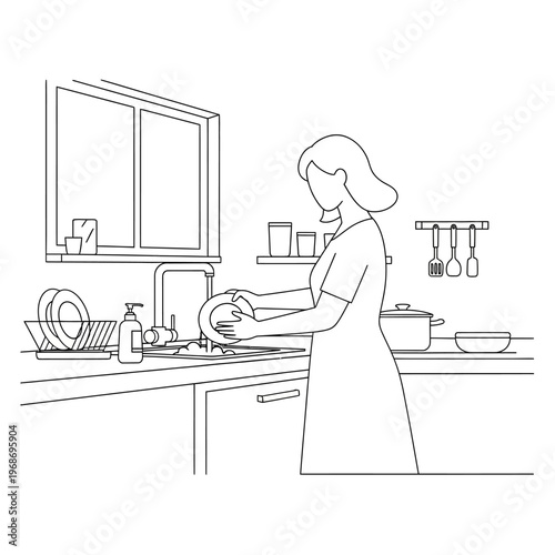 Woman washing dishes at kitchen sink, line art illustration, domestic chores, home cleaning