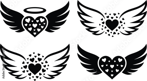 Set of heart silhouettes with angel wings and halo isolated on white background for Valentine Day wedding and romantic design.