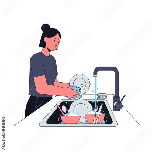 Woman Washing Dishes in Kitchen Sink - Daily Chores and Household Tasks