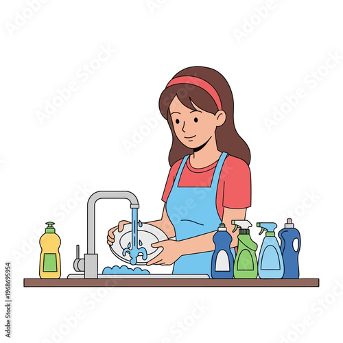 Woman washing dishes in kitchen sink with cleaning supplies and running water