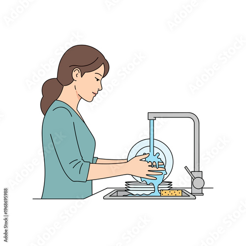 Woman washing dishes in kitchen sink with running water and sponge