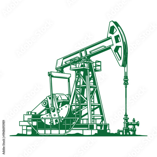 Green oil pump jack on white background oil rig drilling equipment green industrial machinery