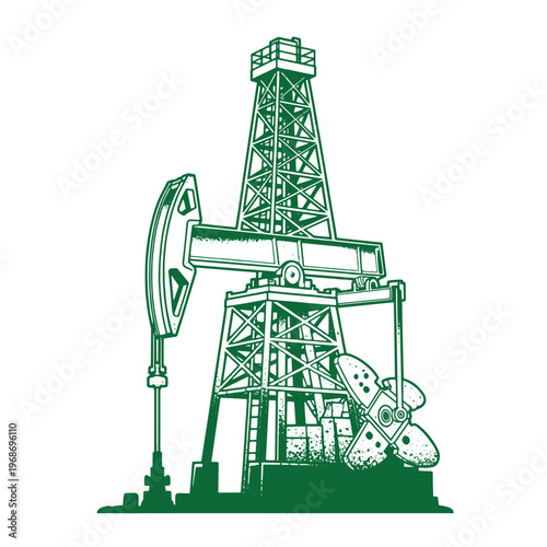 Green oil pump jack with dice on rig base