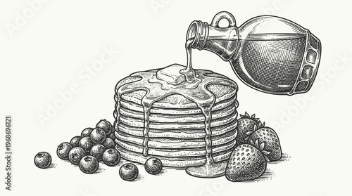 A detailed pencil sketch of a stack of pancakes with butter, syrup being poured from a bottle, surrounded by blueberries and strawberries.