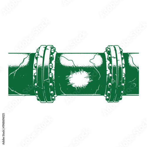 Green pipe with two flange connections and a burst hole bolts