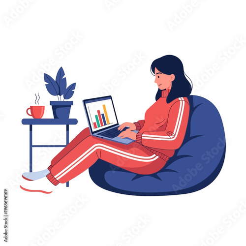 Woman working on laptop from home, sitting on bean bag chair with coffee