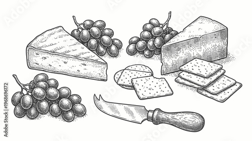 A still life illustration of a cheese board featuring wedges of cheese, clusters of grapes, crackers, and a cheese knife.