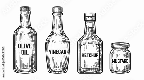 A black and white illustration of four common condiments: olive oil, vinegar, ketchup, and mustard, presented in glass bottles and jars.