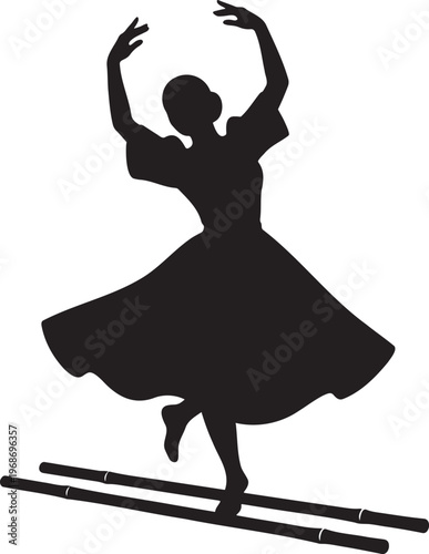 Filipino tinikling dancer silhouette with bamboo poles, traditional folk dance of philippines, woman in maria clara dress dancing, asian cultural performance illustration, national dance.