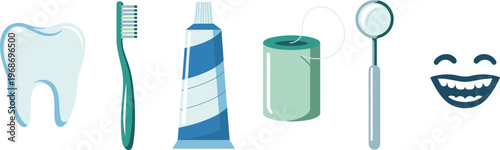 Dental care icon set with tooth toothbrush toothpaste floss mirror and smile oral hygiene healthcare flat illustration design