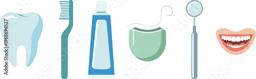Dental care icon set with tooth toothbrush toothpaste floss mirror and smile oral hygiene healthcare flat illustration design