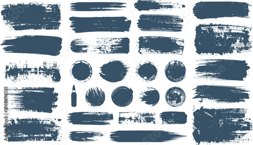 Collection of dark blue brush strokes and circles on white background for graphic design