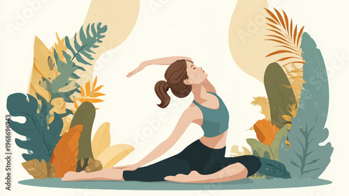 yoga, woman stretching, exercise illustration, fitness vector, healthy lifestyle