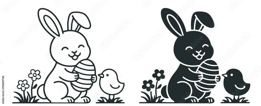 Obraz premium easter bunny with egg and chick, rabbit character with spring flowers, outline and silhouette vector illustration on transparent background