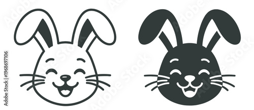 easter bunny face icon, rabbit head with whiskers and ears, outline and silhouette vector illustration on transparent background