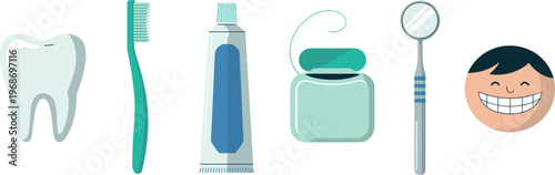 Dental hygiene icon set with tooth toothbrush toothpaste floss mirror and smiling face oral care flat illustration design