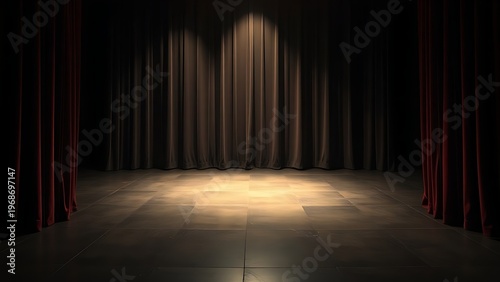 mortification. Theater curtain rises on an empty stage under a single dramatic spotlight. event programs, museum guides, designed for cultural heritage projects and event programs.